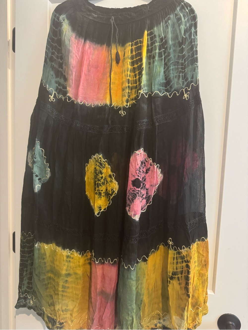 Boho black tie and dye  embroidered Maxi Skirt with Pink, Yellow & Teal Panels